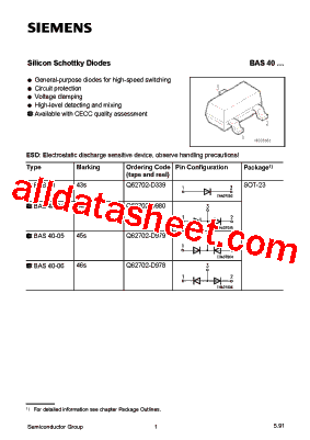 BAS40- Datasheet PDF - Siemens Semiconductor Group